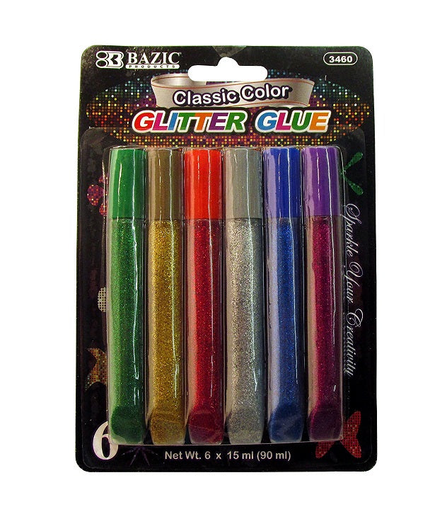 6 Tubes Bazic Glitter Glue Set 15ML Classic Colors (Green, Gold, Red, Silver, Blue, Purple) 1 Pack