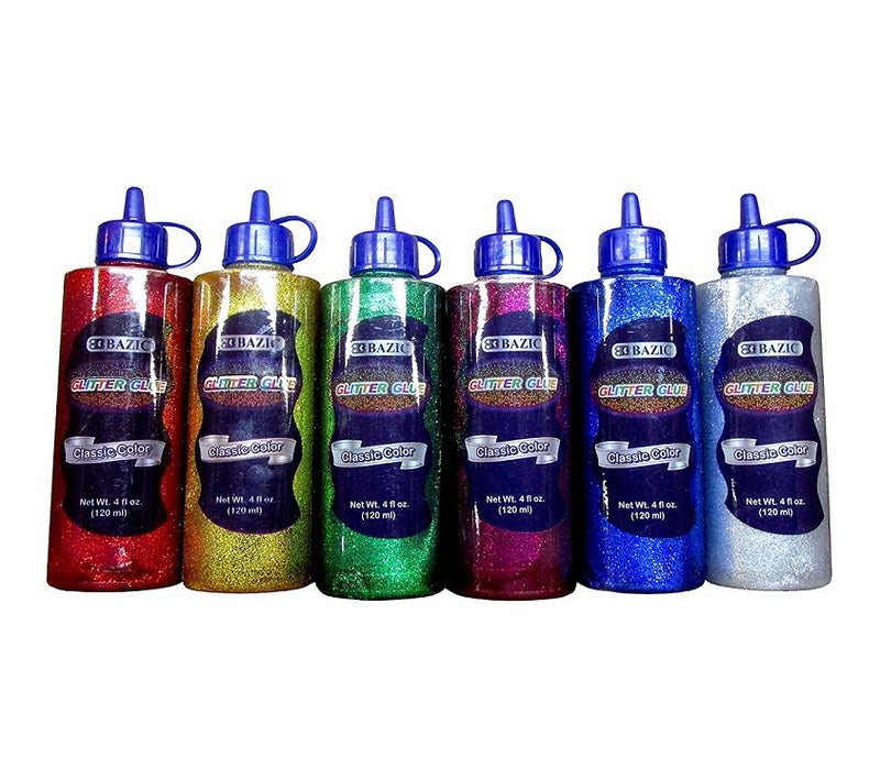 6 Bottles Bazic Glitter Glue Set 120 ML Assorted Classic Colors (Green, Gold, Red, Silver, Blue, Purple) 1 Pack