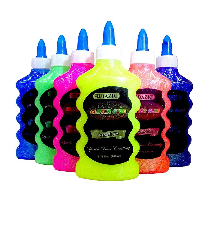6 Bottles Bazic Neon Glitter Glue Set 200 ML Assorted Colors (Pink, Green, Orange, Blue, Yellow, Purple) 1 Pack