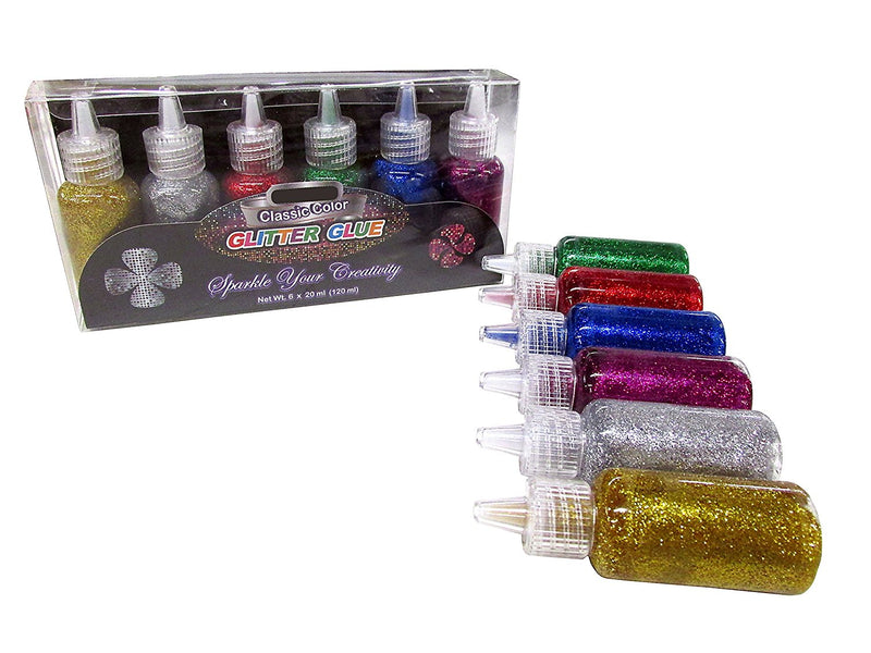 6 Bottles Bazic Glitter Glue Set 20 ML Classic Assorted Colors (Green, Gold, Red, Silver, Blue, Purple) 2 Pack