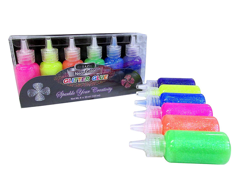 12 Bottles Bazic Glitter Glue Set 20 ML Assorted Neon Colors (Green, Orange, Pink, Yellow, Blue, and Purple) 2 Pack