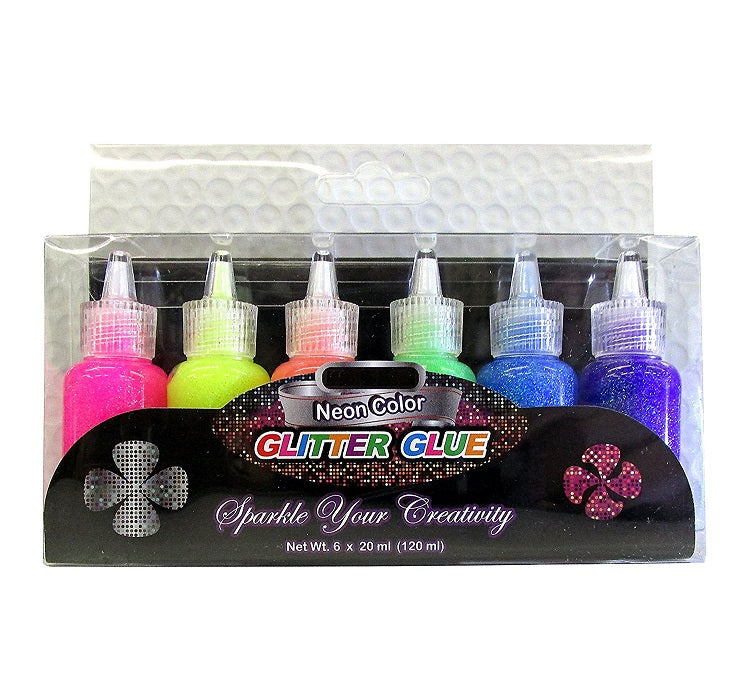6 Bottles Bazic Neon Glitter Glue Set 20 ML Neon Colors (Green, Orange, Pink, Yellow, Blue, Purple) 1 Pack