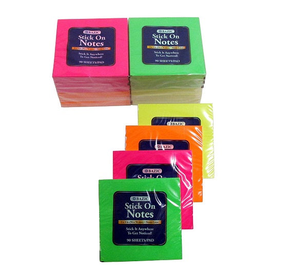 90 Sheets Bazic Stick-On Notes 3” x 3” Neon Colors Collection - 12 Pads