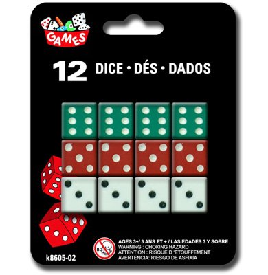 12 Pcs Kamset Game Dice Multicolor (Green, Red, White) - 1 Pack