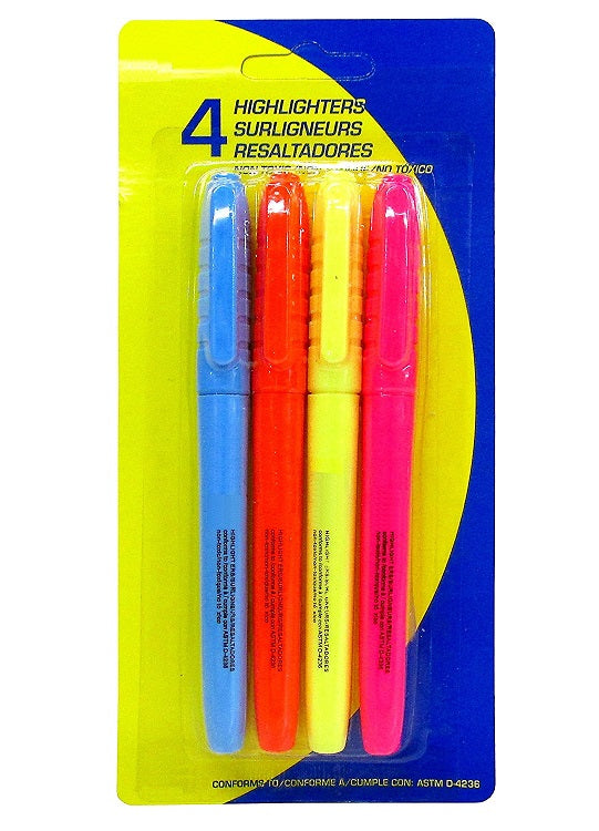 4 Pcs Highlighter Pack Multicolor (Fluorescent Blue, Orange, Yellow, Pink)- 1 pack