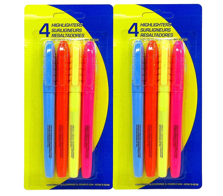 8 Pcs Highlighter Pack Multicolor (Fluorescent Blue, Orange, Yellow, Pink) - 2 pack