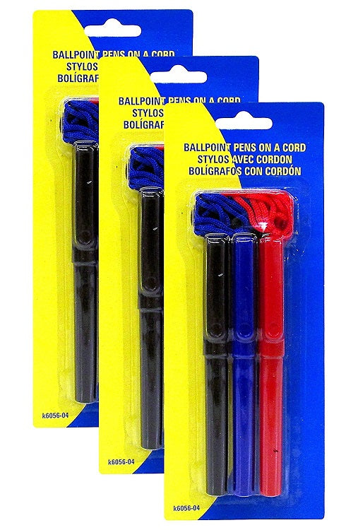 9 Pcs Kamset Ballpoint Pens On a Cord, Set of Blue, Black, and Red - 3 Pack