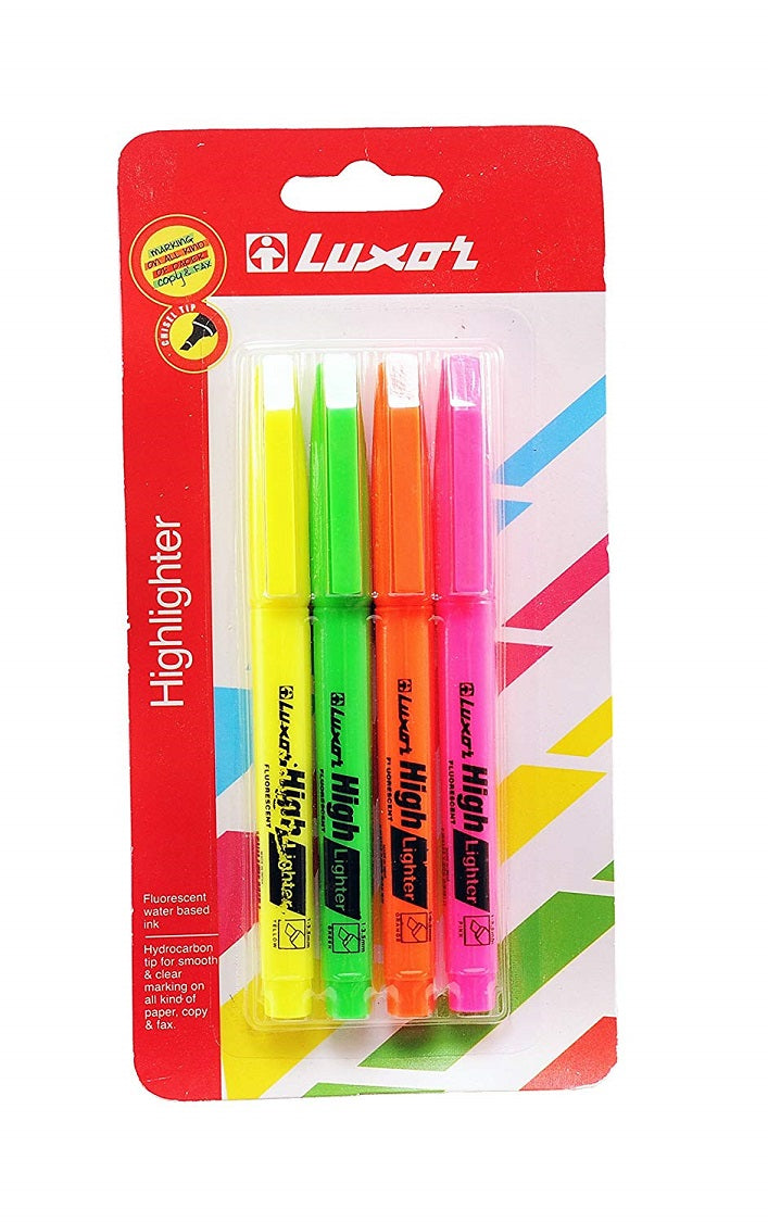 4 Pcs Luxor Mini Highlighter Chisel Tip Multicolor (green, orange, pink , yellow) - 1 pack