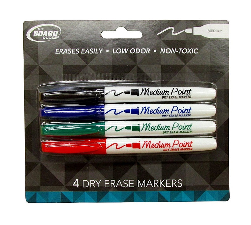 4 Pcs The Board Dudes Dry Erase Markers Medium Tip Multicolor (Black, Blue, Green ,Red)  - 1 Pack