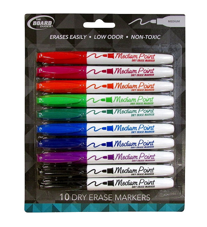 10 Pcs The Board Dudes Dry Erase Markers Medium Tip 9 Assorted Colors - 1 Pack