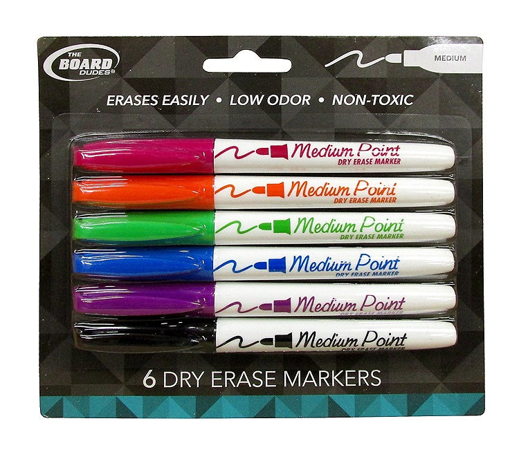 6 Pcs The Board Dudes Dry Erase Markers Medium Tip Multicolor (Black, Blue, Green, Red, Orange, Purple) - 1 Pack