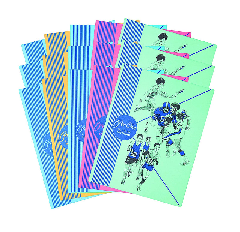 15 Pcs Mead Two Pocket Paper Folder 12" X 9" Various Designs (yellow, green, red, dark blue, light blue) - 15 Pack