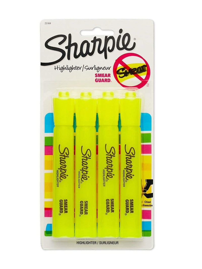4 Pcs Sharpie Accent Tank Style Highlighter Chisel Tip Fluorescent Yellow Ink With Smear Guard Formula 1 Pack