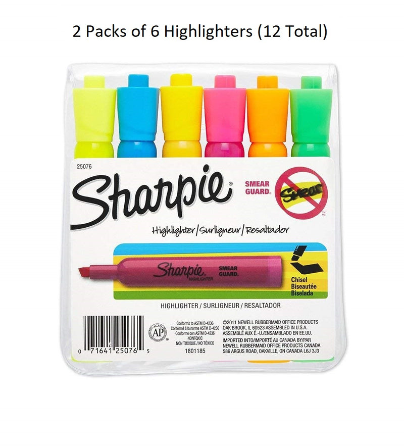 12 Pcs Sharpie Accent Tank Style Highlighters Chisel Tip Multicolor Smear Guard Formula -2 Pack
