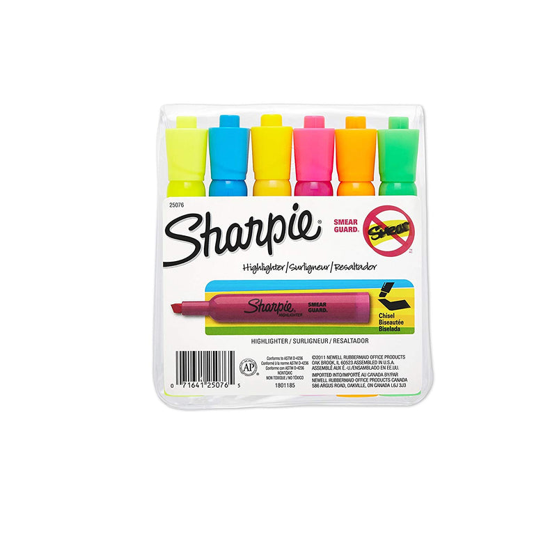 6 Pcs Sharpie Accent Tank Style Highlighters Chisel Tip Multicolor Smear Guard Formula -1 Pack