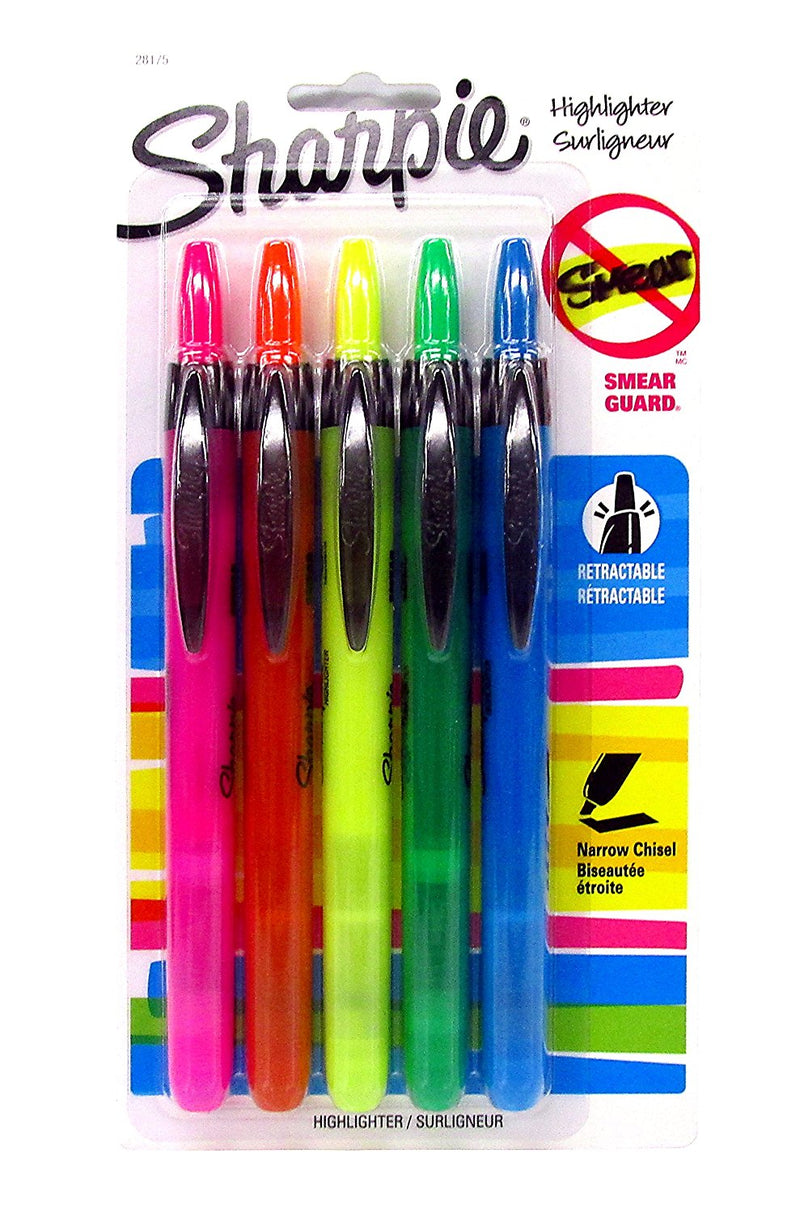 5 Pcs Sharpie Fluorescent Retractable Highlighters Chisel Tip Multicolor (pink, orange, yellow, green , blue) - 1 Pack