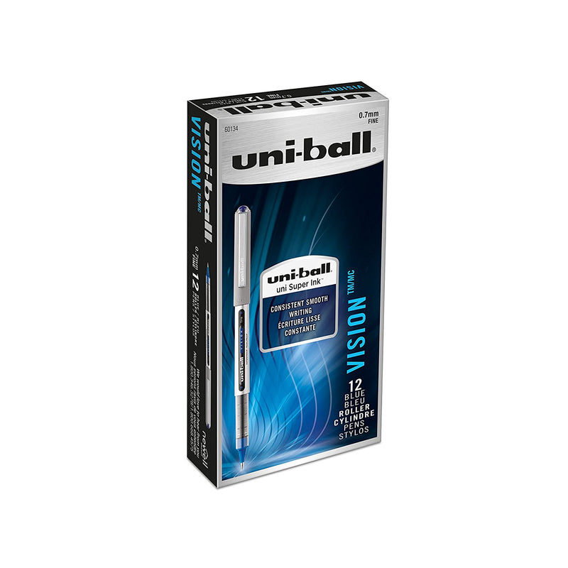 12 Pcs Uni-ball Vision Rollerball Pens Fine Point (0.7mm) Blue -1 Box