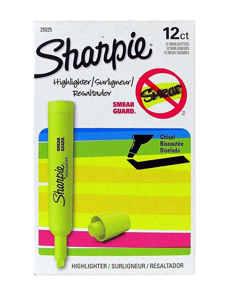 12 Pcs Sharpie Accent Tank Style Highlighter Chisel Tip Fluorescent Yellow  - 1 Box