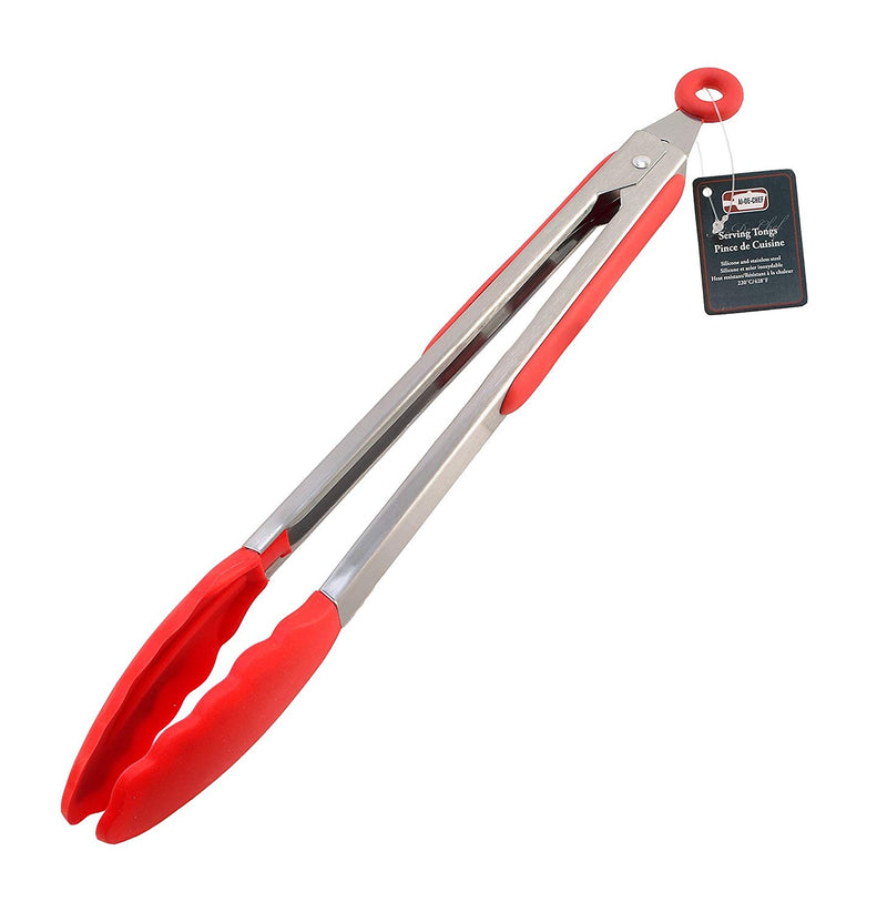 2 Pcs Ai-De-Chef Tongs (9 and 12 Inches) Stainless Steel With Red Silicone - 2 Pack