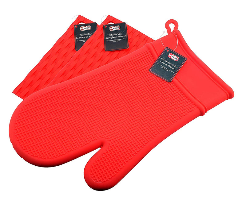 3-Pc Ai-De-Chef Red Silicone Oven Mitt and Pot Holder Set - 1 Pack