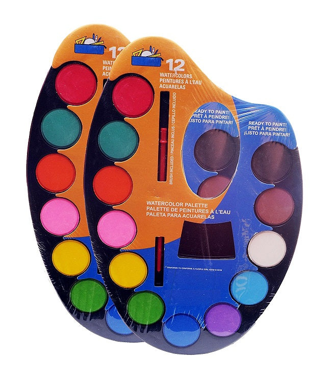 2 Sets Kamset Watercolor Palette 12 Colors with Brush and Mixing Slot - 2 Pack