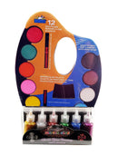Kamset Set ( Watercolor Palette 12 Colors with  Mixing Slot + 6 Classic Glitter Glue 20 ml Bottle (Green, Gold, Red, Silver, Blue, Purple)