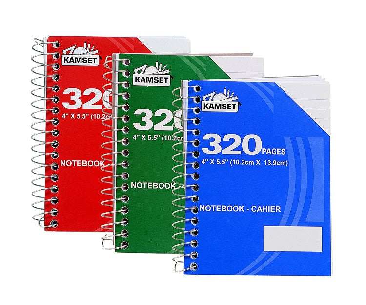 3 Pcs Kamset Cahier Spiral Notebooks 4”x 5.5” College Ruled 320 Pages Random Color (Blue, Green, Red) - 3 Pack