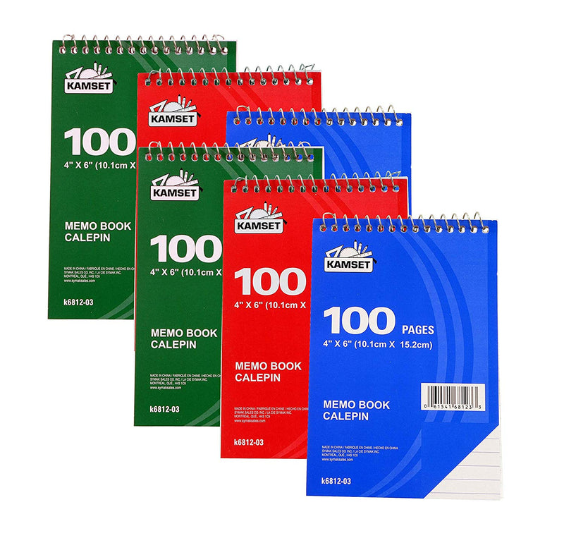 6 Pcs Kamset Top Bound Spiral Notebooks 4”x 6” College Ruled 100 Pages Random Color (blue, green, red)  - 6 Pack