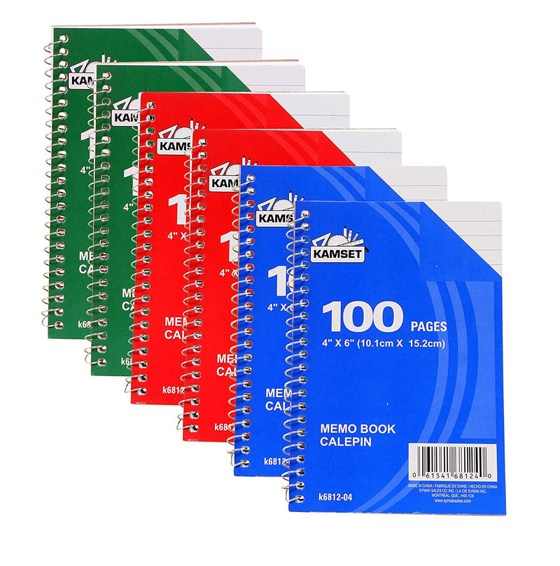 6 Pcs Kamset Side Bound Spiral Notebooks 4”x 6” College Ruled 100 Pages Random Color (blue, green, red)   - 6 Pack